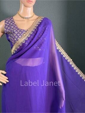 Purple Saree with Gold Embroidered Border & stitched blouse (Brand New)